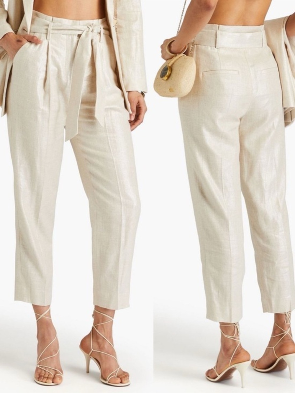 Veronica Beard NWOT Zelly Linen Blend Cropped Metallic Tapered Pants S (6)